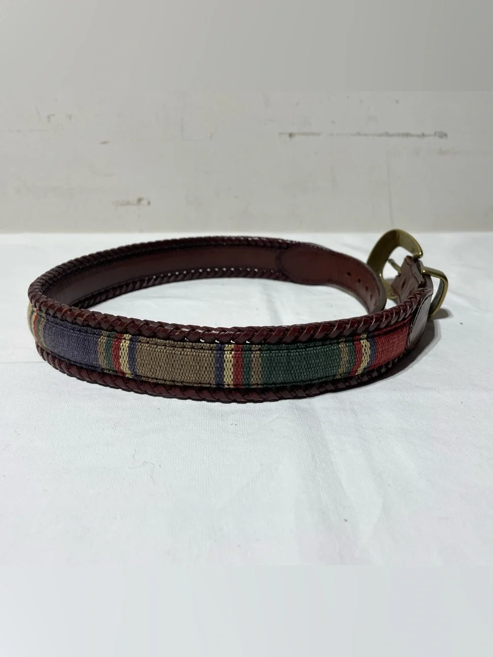 Vintage L.L. Bean Leather & Canvas Belt Womens 26 Brown Colorblock OR913